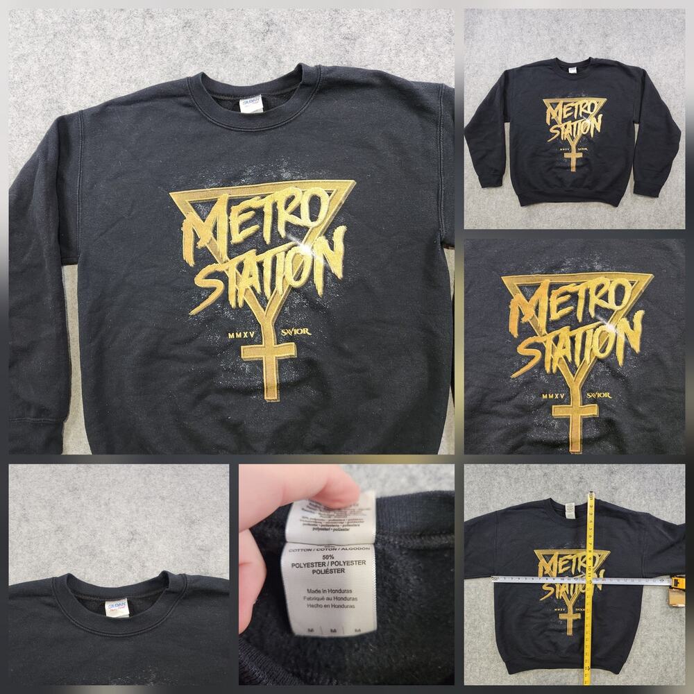 Metro Station Crewneck Sweatshirt Mens Medium Black Gold Band Graphic MMXV